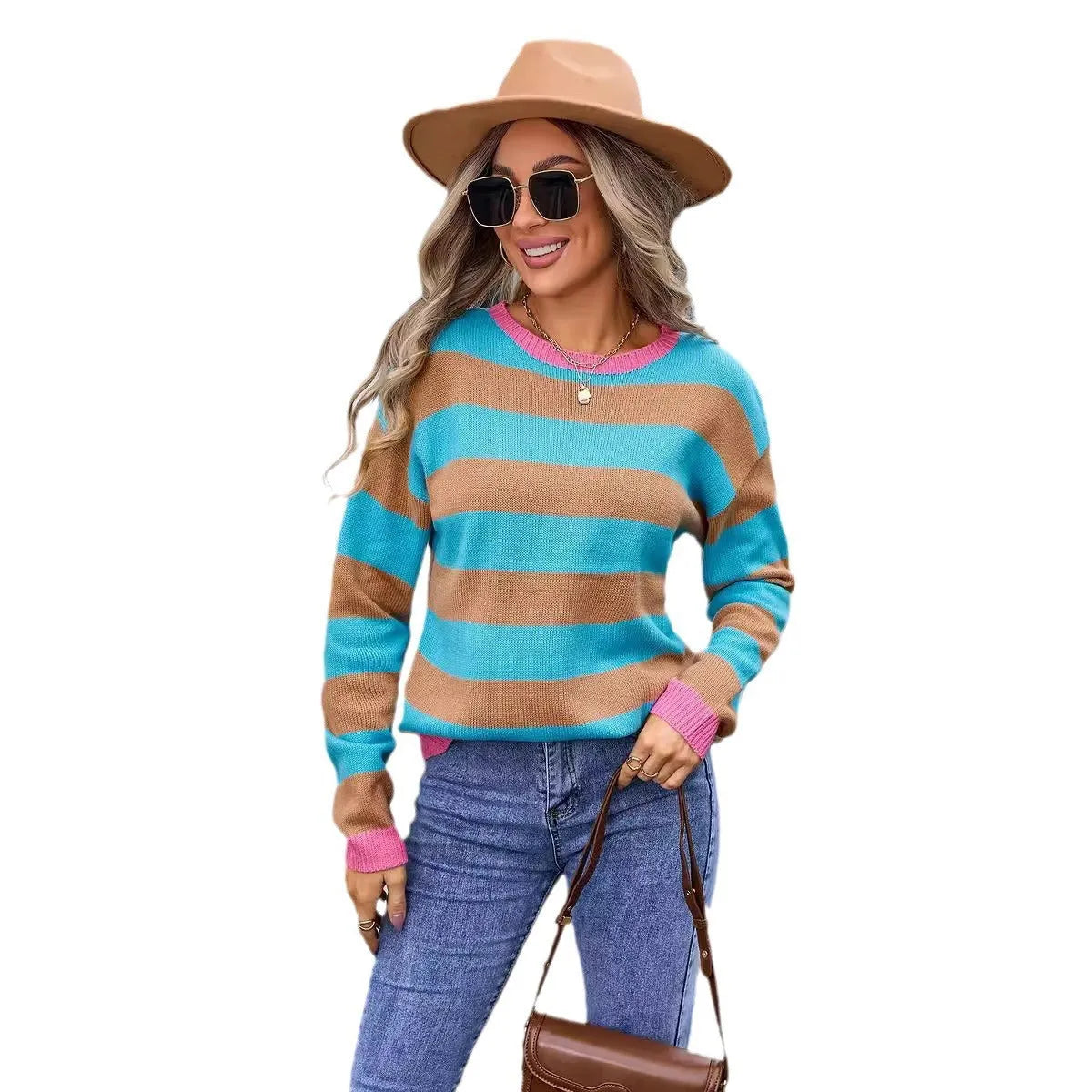 Women's loose long sleeve acrylic sweater in blue with a stripe pattern