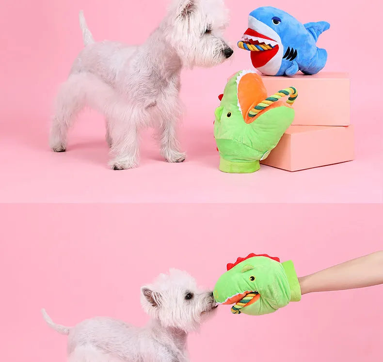 Soft plush monster shark dog toy for pet cuddles and gifting