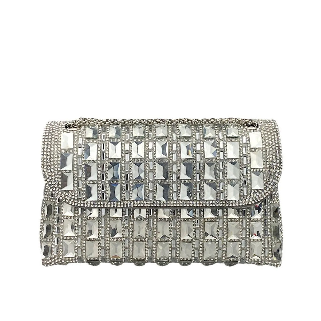 Shiny glass rhinestone chain clutch bag in horizontal square shape with internal phone pocket