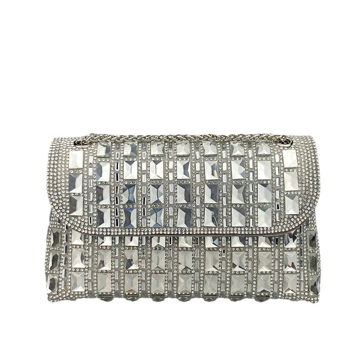 Shiny glass rhinestone chain clutch bag in horizontal square shape with internal phone pocket