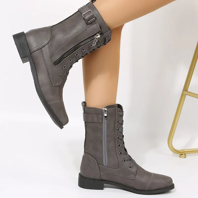 Women's Lace-up Western Boots Cowboy Boots with Side Zipper Martin Boots in Black Brown Grey Rubber Sole Low Heel Breathable Round Toe Thick Heel