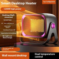 Compact desktop ceramic heater in white, khaki, or gray with rotating body and dual-speed controls