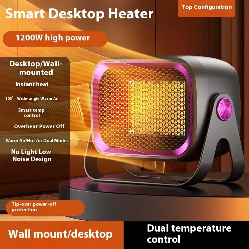 Compact desktop ceramic heater in white, khaki, or gray with rotating body and dual-speed controls