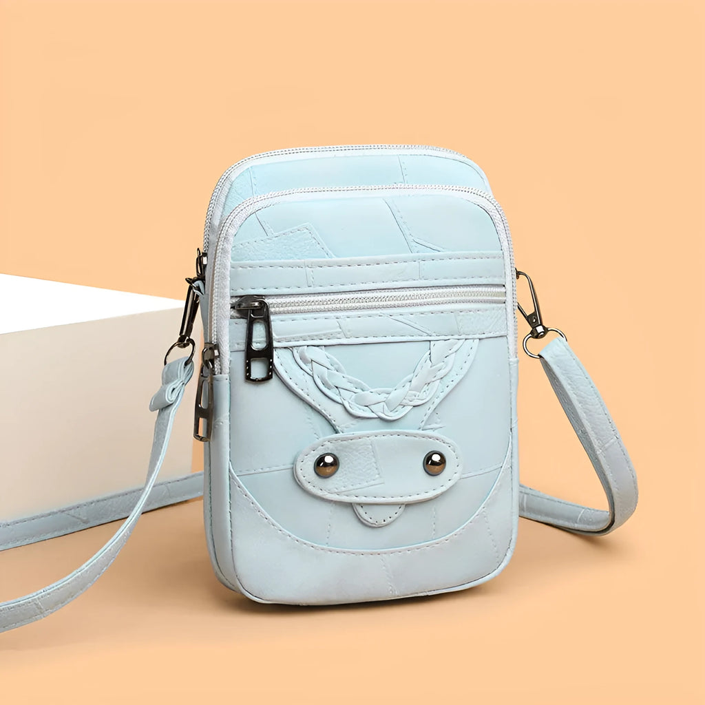 Soft brown PU leather vertical mobile phone bag with weaving pattern and metal rivets.