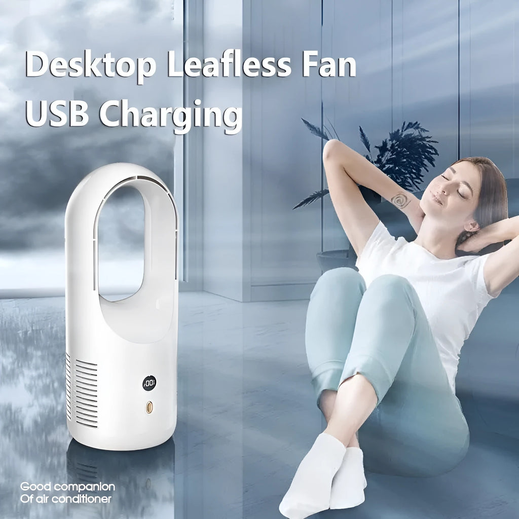 White bladeless desktop fan with LED display, shown on a wooden desk