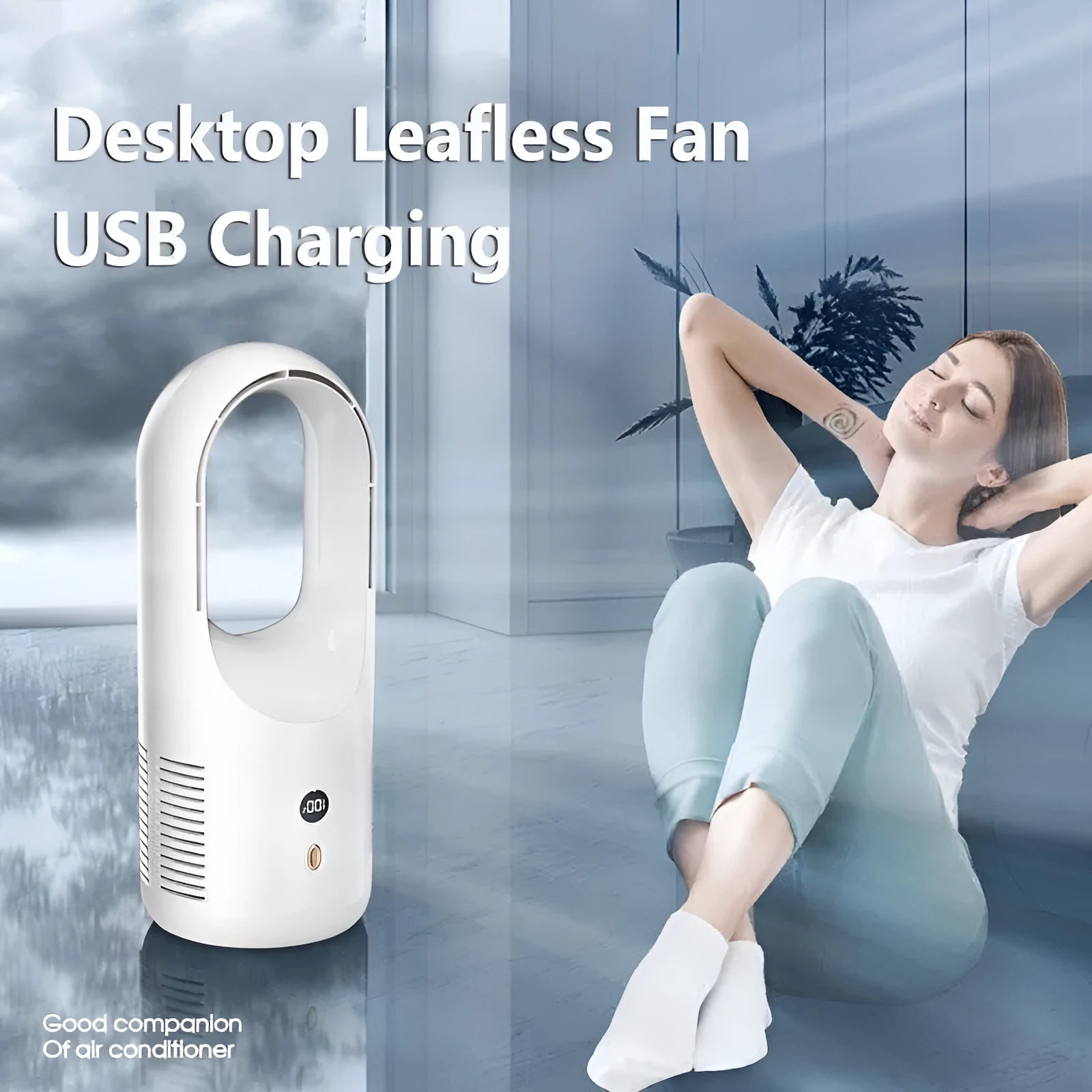 White bladeless desktop fan with LED display, shown on a wooden desk
