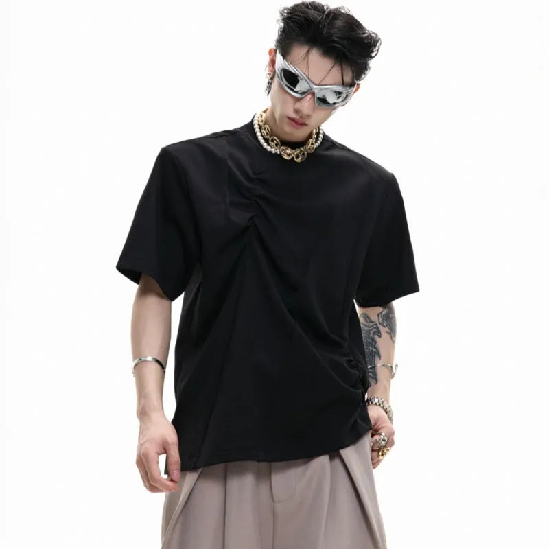 Men's loose fit cotton t-shirt with round neck collar and asymmetrical stitching in black, grey, or white