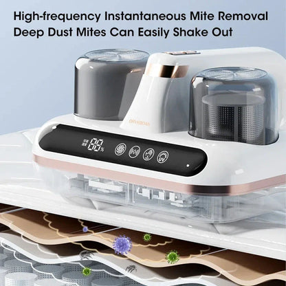 Cordless handheld vacuum cleaner with powerful suction and UV sterilization for effective dust mite removal from mattresses and bedding