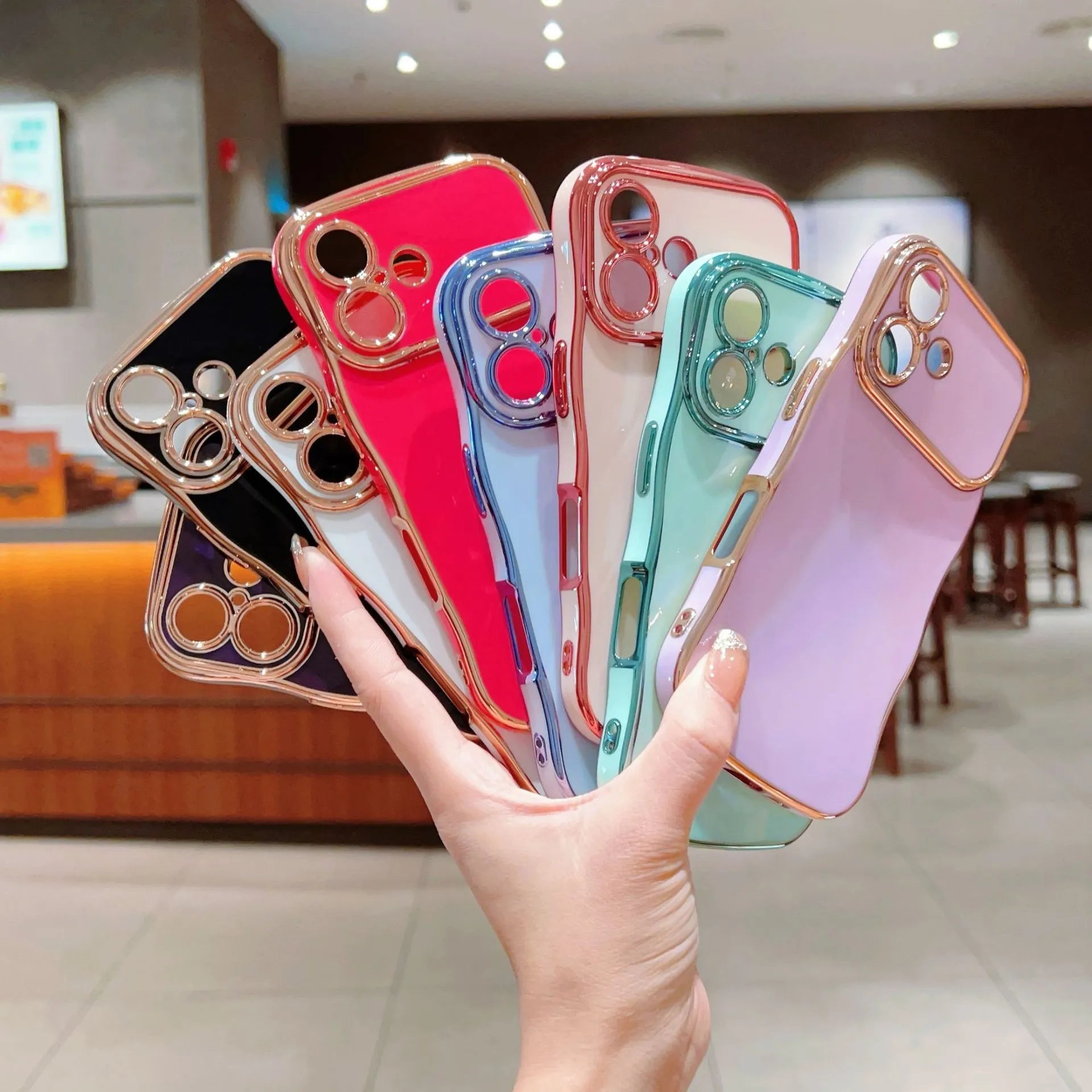 Electroplated wave pattern TPU phone case with large window back cover for iPhone