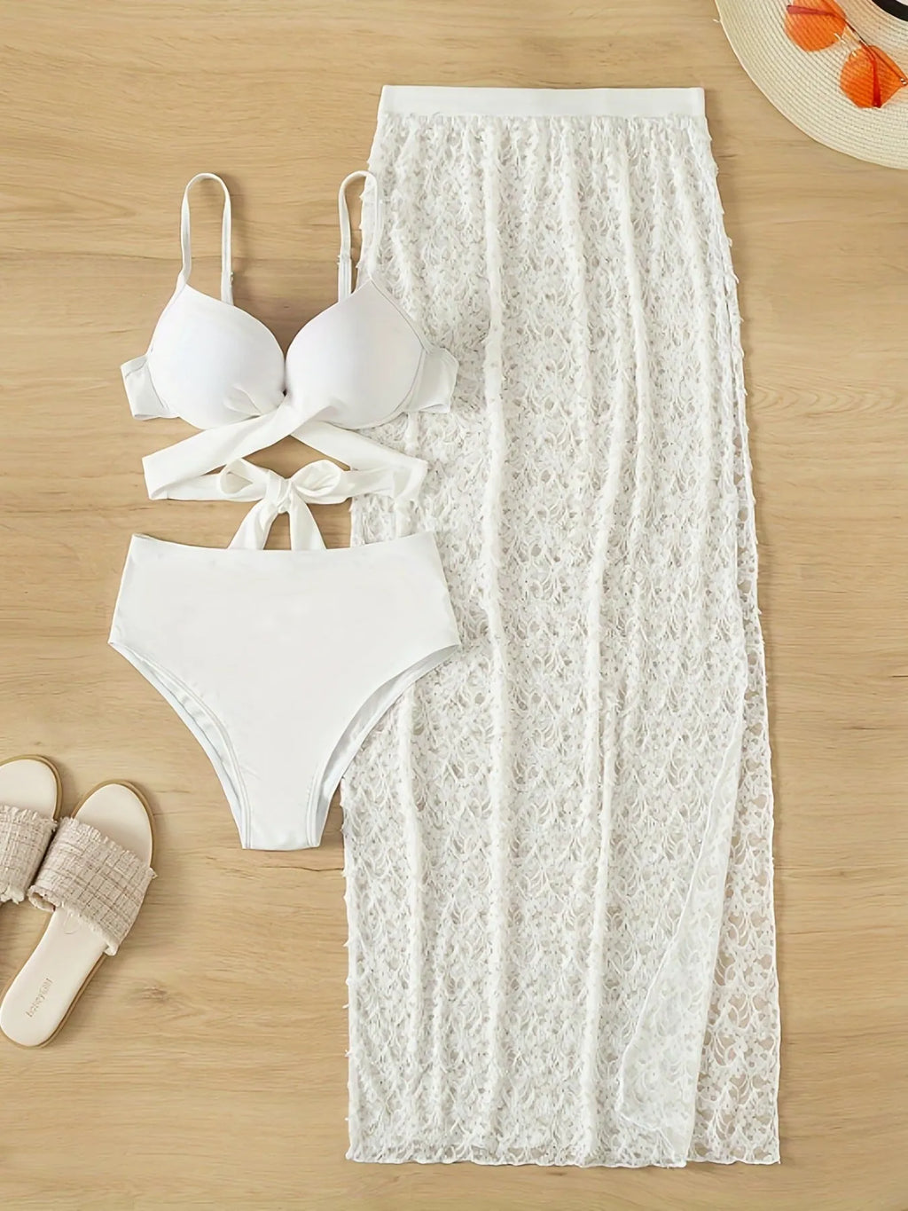 White nylon three-piece swimsuit set with bikini top, briefs, and a long gathered skirt.