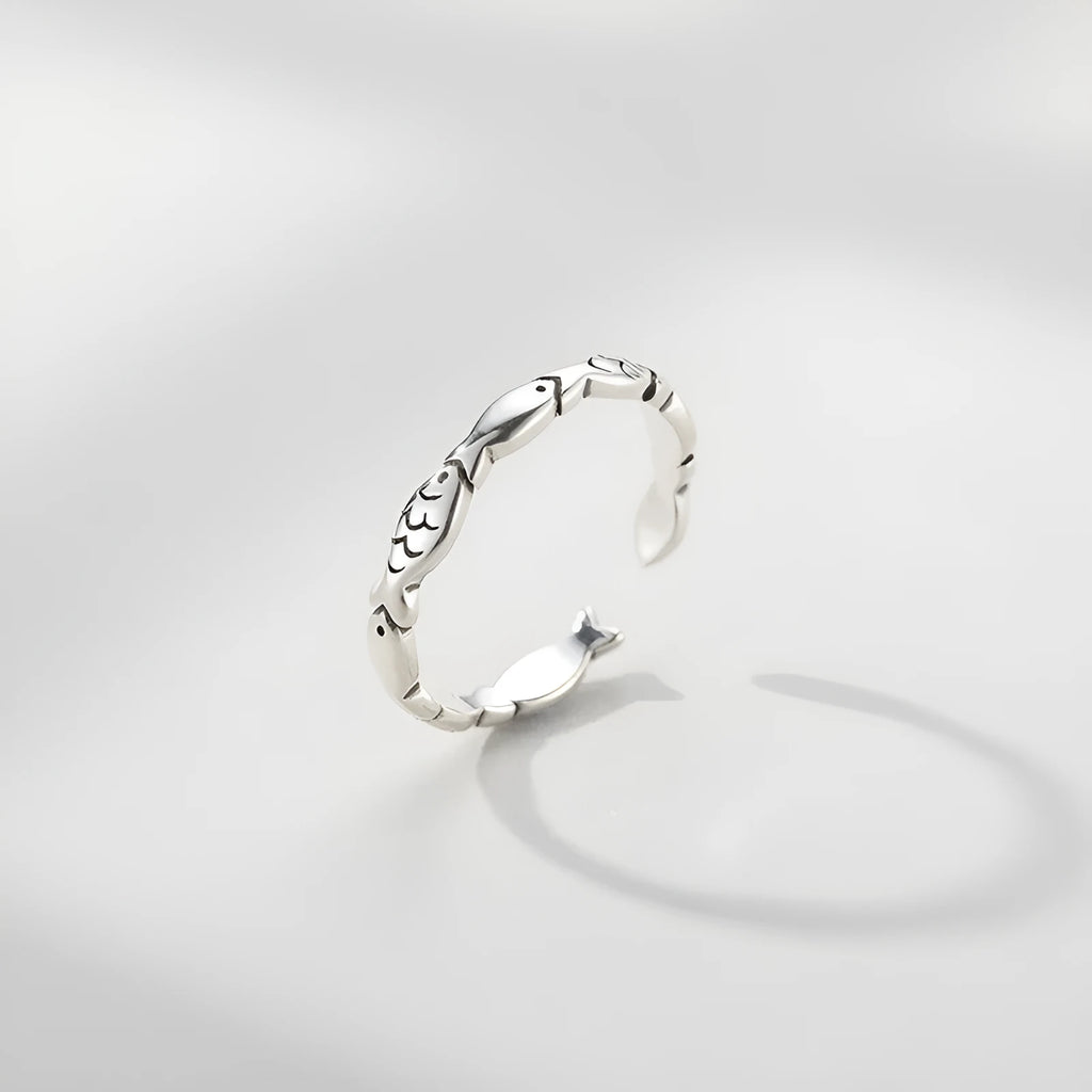 Women's adjustable S925 sterling silver fish ring with carp design and open mouth construction