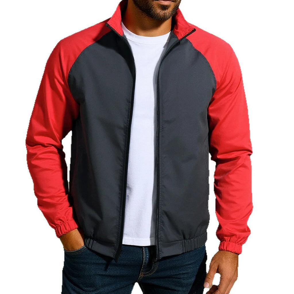 Men's casual coat with stand collar and contrast colour detailing in polyester blend fabric