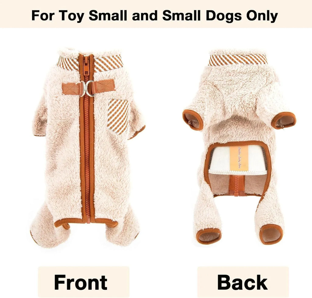Green plush fleece dog jumpsuit coat with a back zipper on a small dog