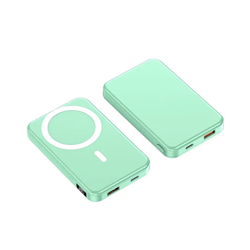 Small portable power bank with magnetic wireless charging for iPhone in black, blue or white colours