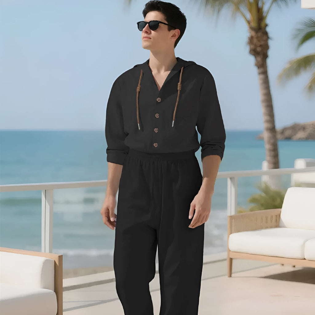 Men's casual cotton leisure suit set in grey, showing long sleeve top and trousers laid flat.