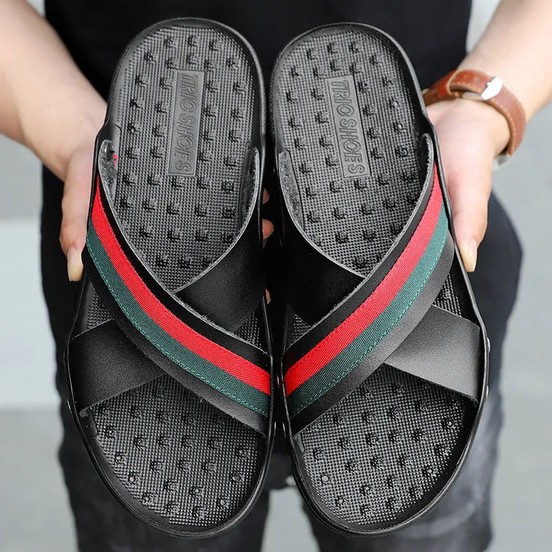 Men's white cowhide and PU flip-flop sandals on a plain background