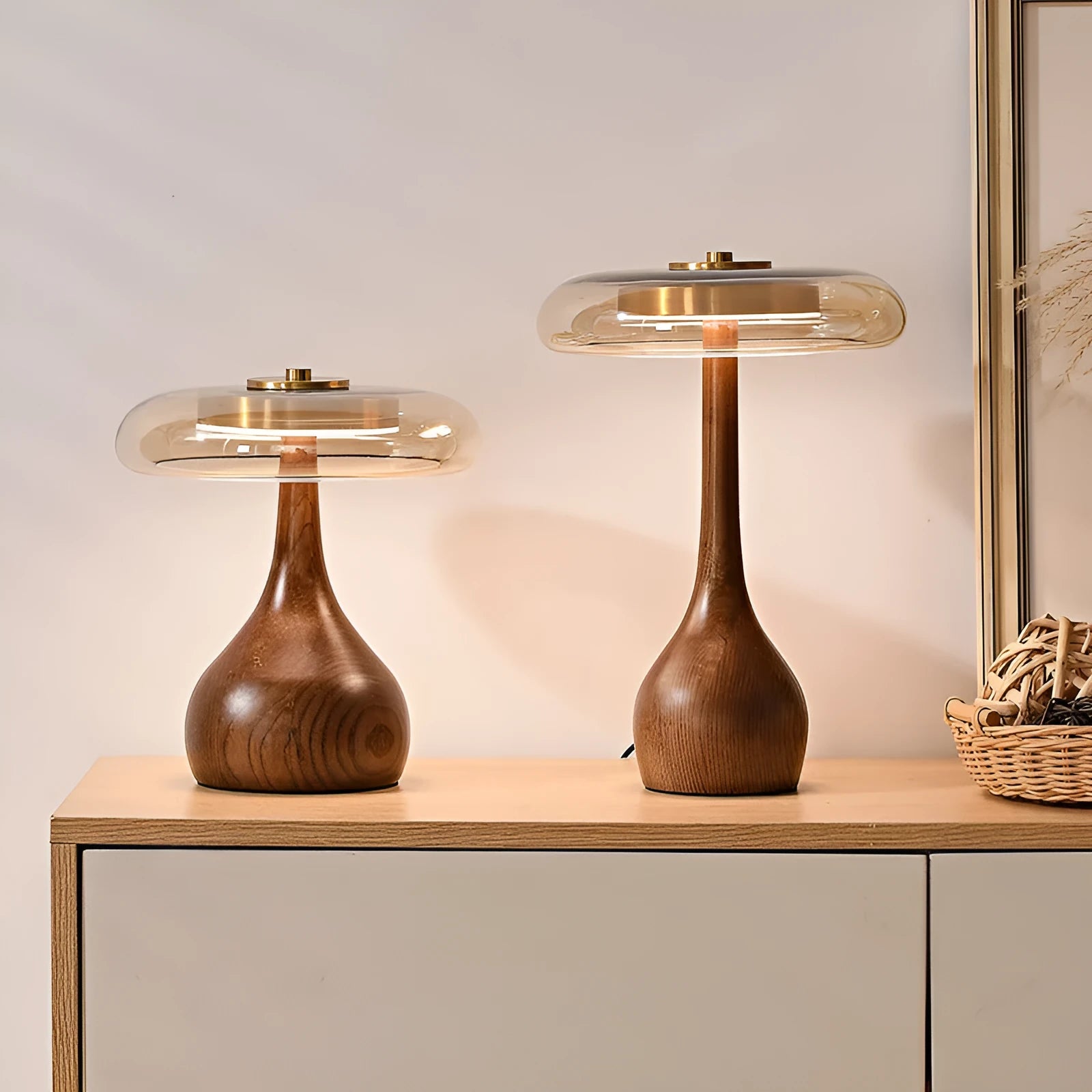 Solid wood Japanese retro bedside lamp with cognac fabric shade on wooden nightstand