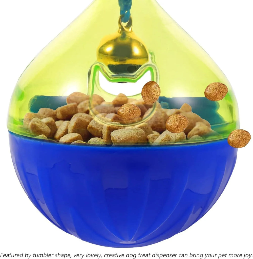 Blue and white tumbler-shaped plastic pet treat dispenser ball on a wooden floor.