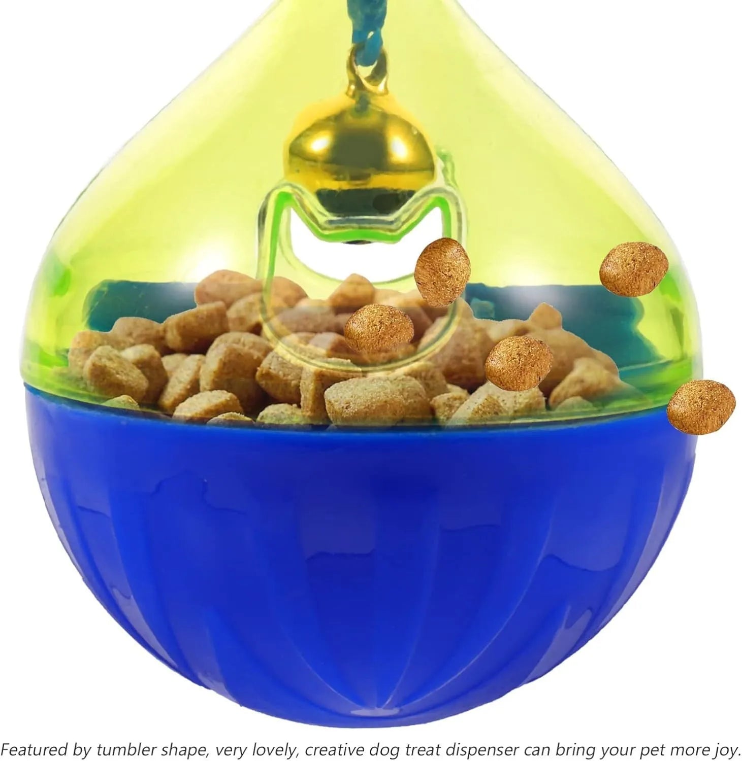 Blue and white tumbler-shaped plastic pet treat dispenser ball on a wooden floor.