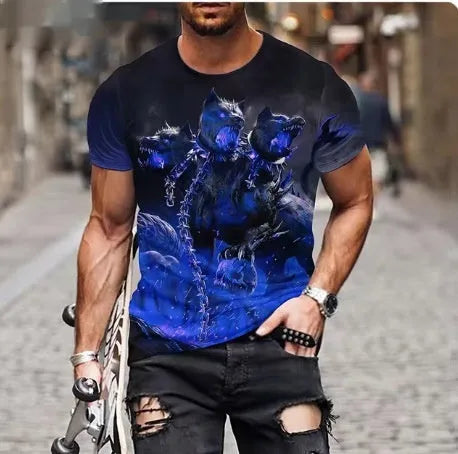 Men's black T-shirt with a fierce 3D lion graphic print on the front.