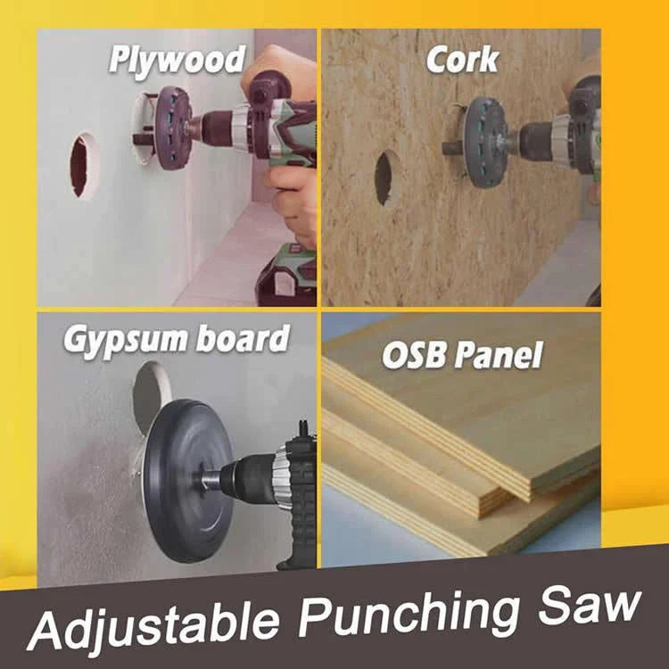 Versatile adjustable hole saw with triple-tooth blades for clean, smooth cuts in plasterboard, softwood, and more.