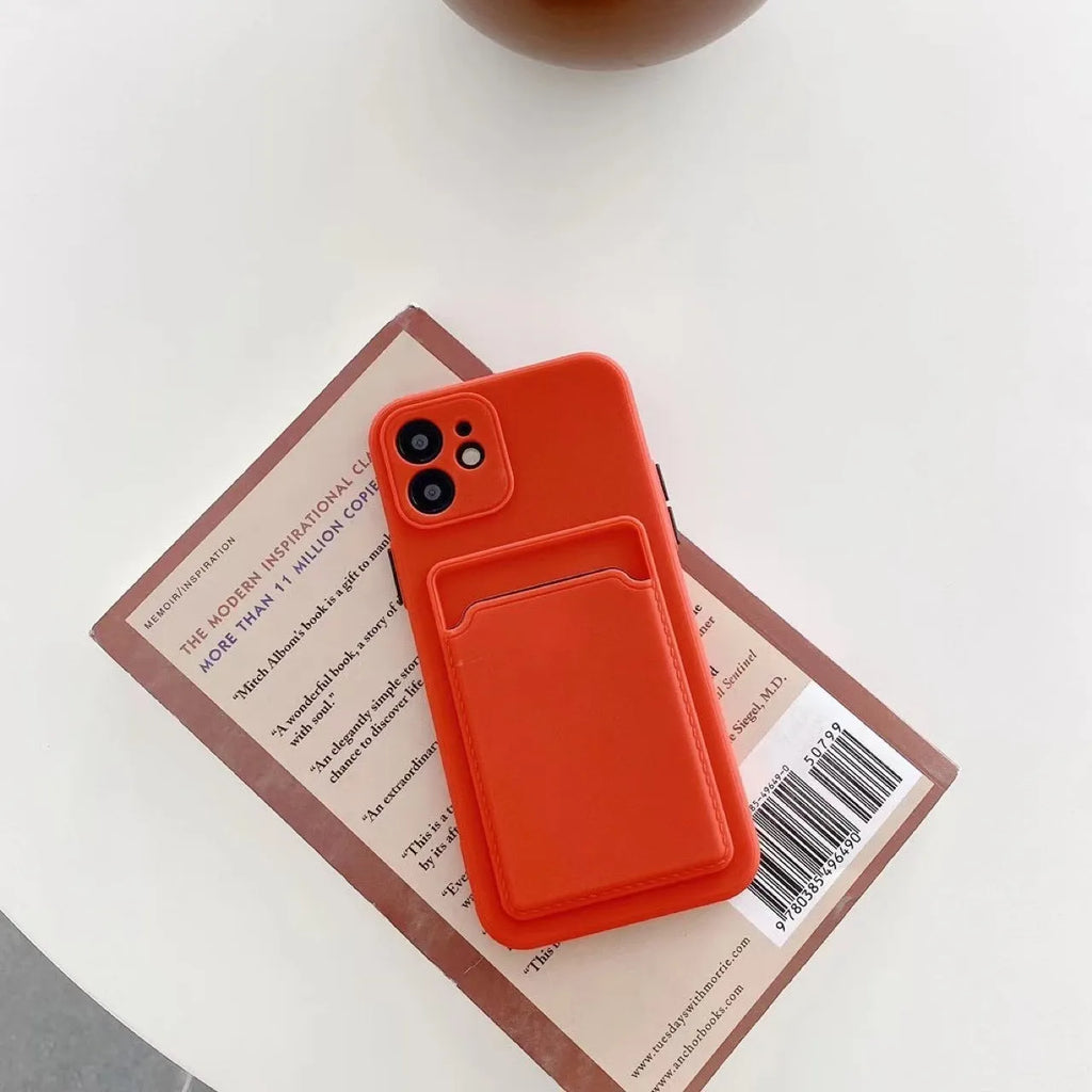 Orange TPU phone case with card slot back cover for iPhone showing protective edge