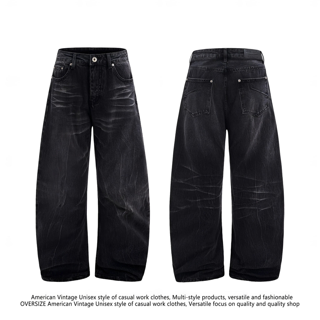 Men's straight-leg black jeans showing an American washed finish with a lightning crack pattern on the legs.