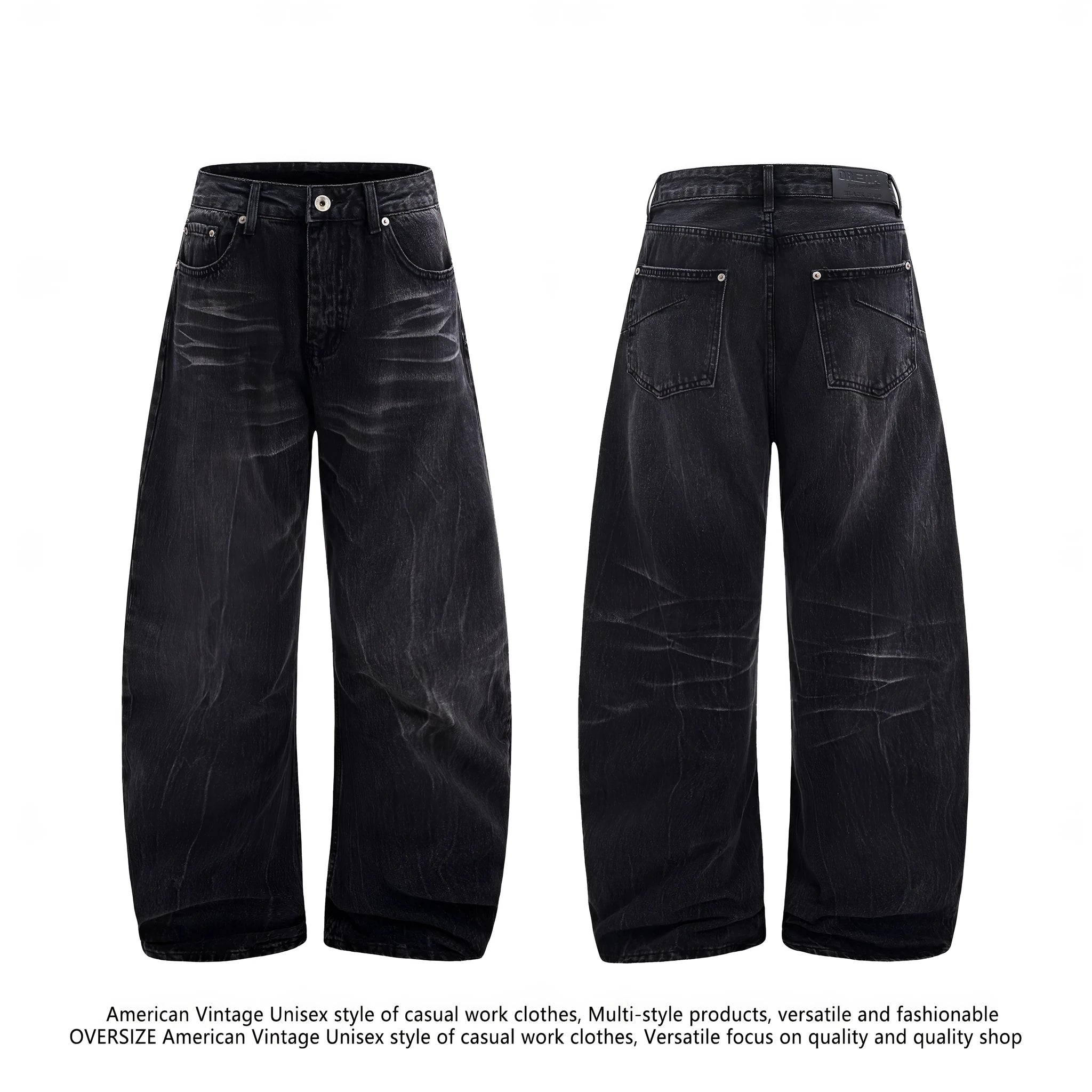 Men's straight-leg black jeans showing an American washed finish with a lightning crack pattern on the legs.