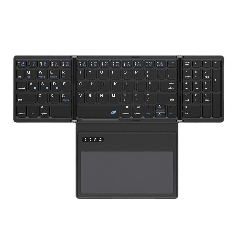 Black B055 Bluetooth folding keyboard, business leather style, unfolded and folded dimensions, Type-C interface