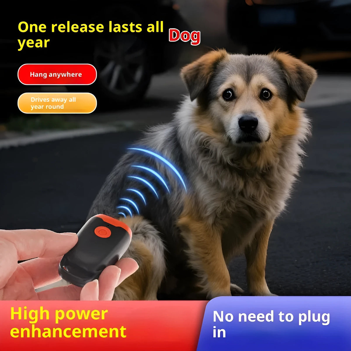 Mini ultrasonic dog dispeller in black and orange ABS, 3cm x 2cm x 6cm, handheld bark stopper for dogs and cats