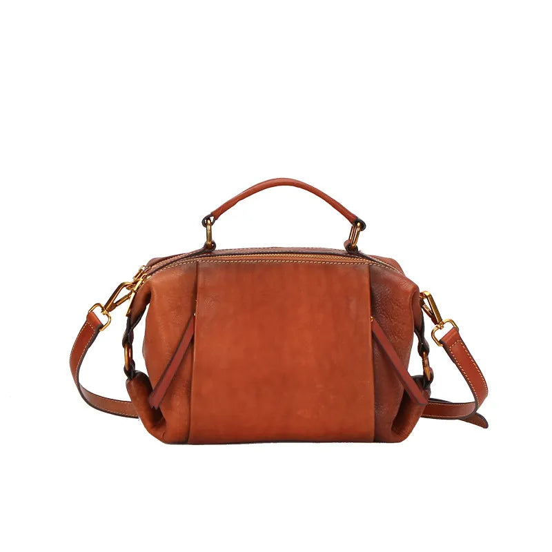 Genuine leather women's shoulder bag pillow shape top grain leather retro handbag brown colour