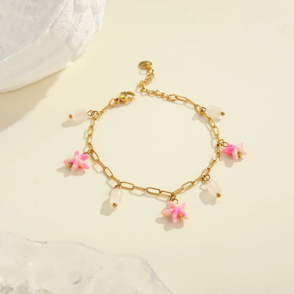 Stainless steel starfish necklace and bracelet set with electroplated 18K finish in blue, green, or pink