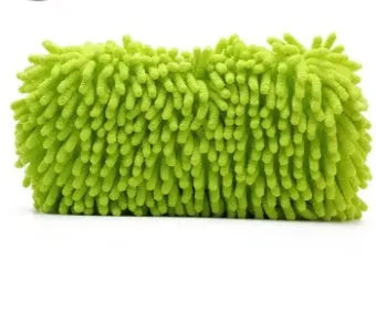 Silvery green rectangular car wash sponge measuring 14 by 25 centimetres with textured chenille surface