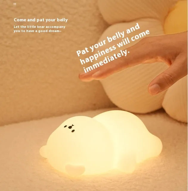 Lying flat bear small night lamp with RGB colour switching, silicone exterior, and rechargeable battery