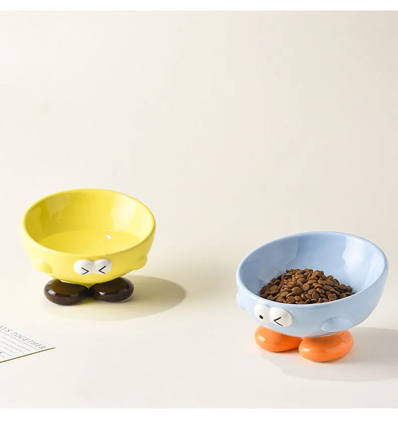 Ceramic pet bowl with oblique tall design in blue colour for cervical spine protection