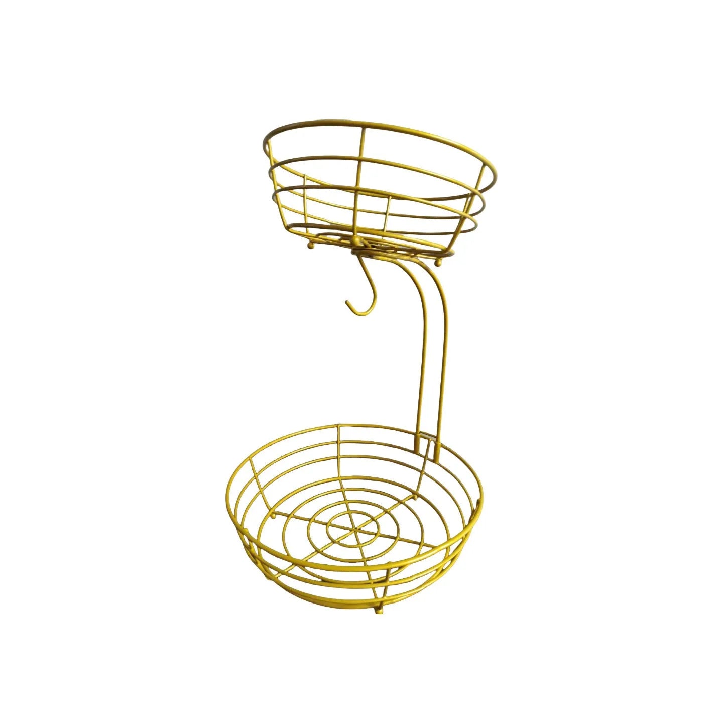 Black double-layer wrought iron fruit basket with two stacking tiers for fruit and vegetable storage