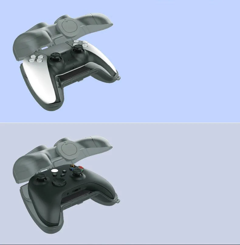 Transparent grey hard plastic game controller storage case showing inside space for controller