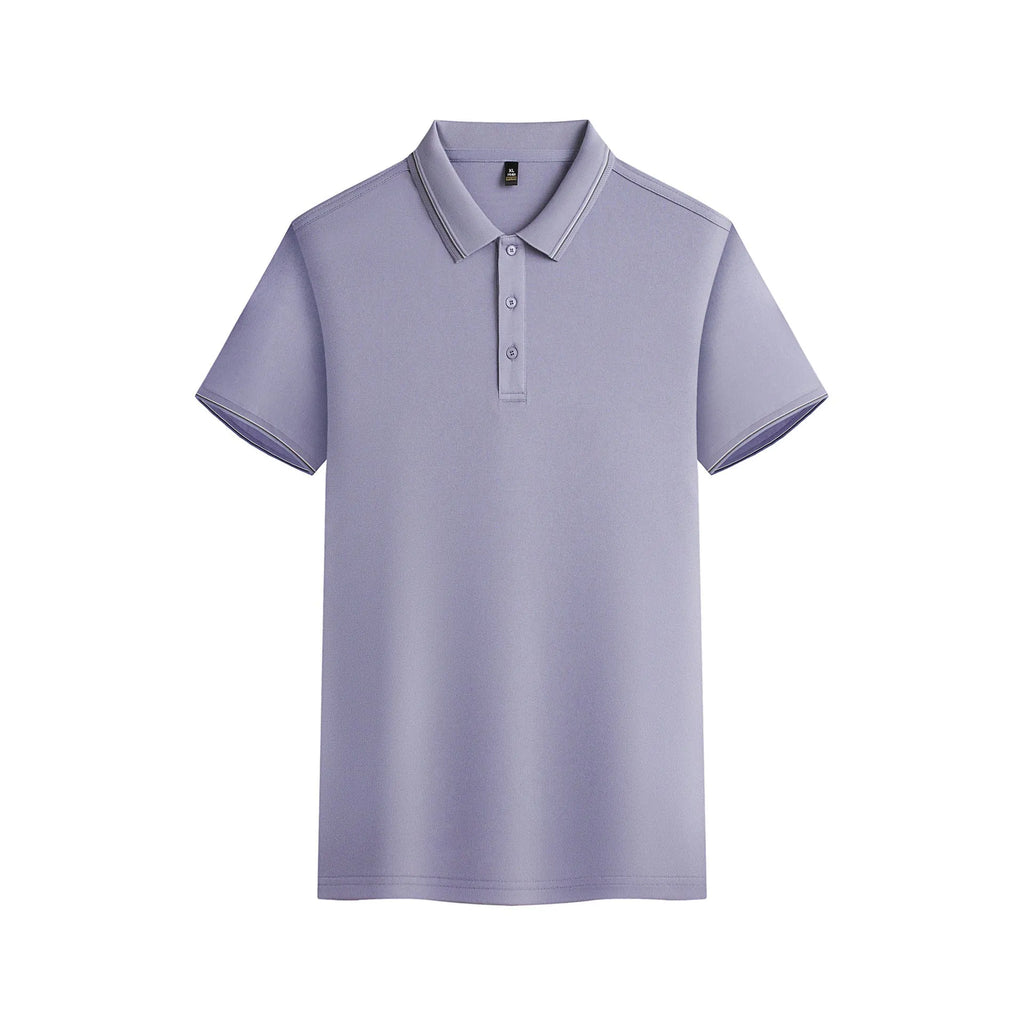 Solid colour short-sleeved polo shirt on hanger showing navy blue summer garment