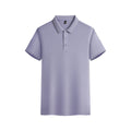 Solid colour short-sleeved polo shirt on hanger showing navy blue summer garment