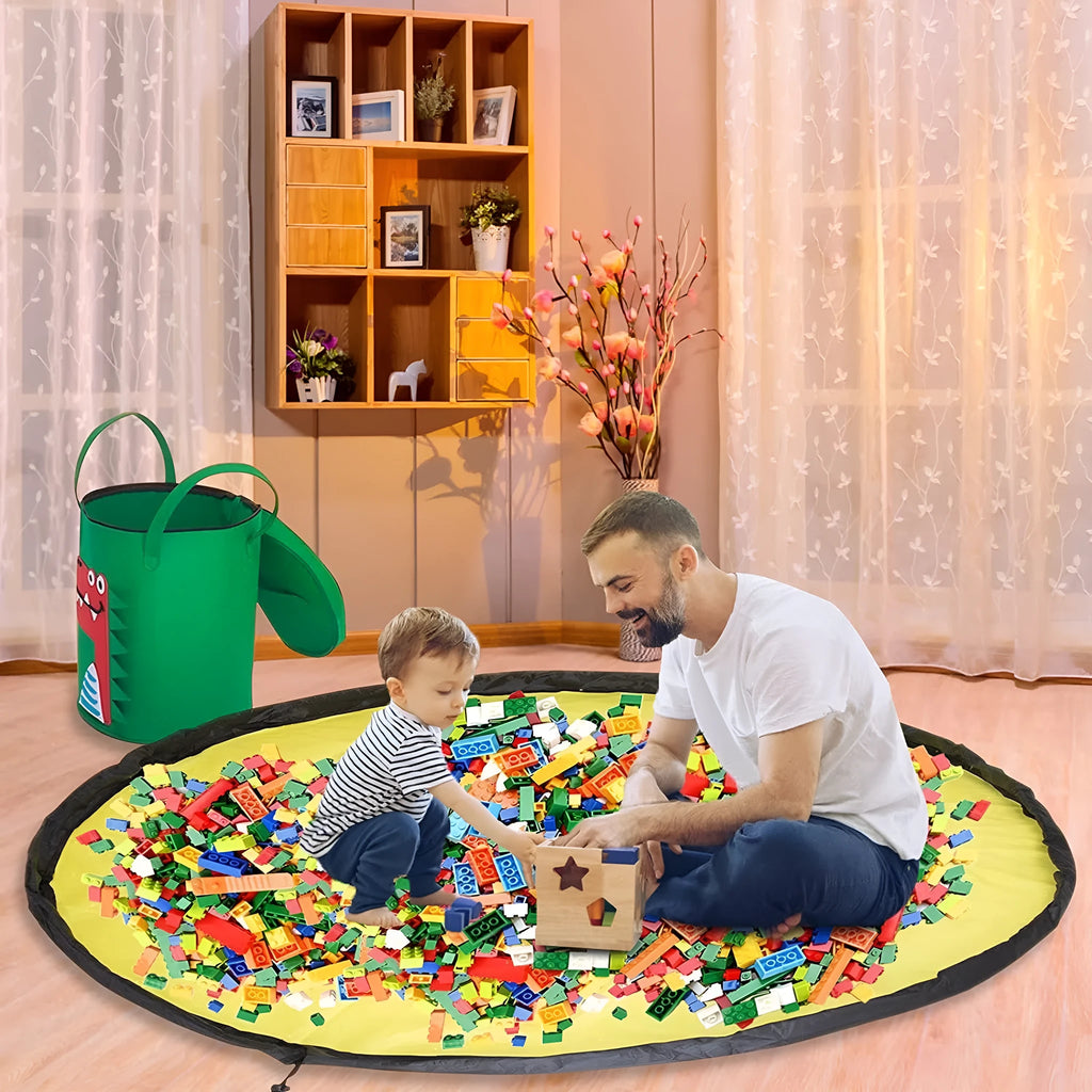 Green foldable felt cube storage bag with pull rope, shown both as a container and laid flat as a play mat.