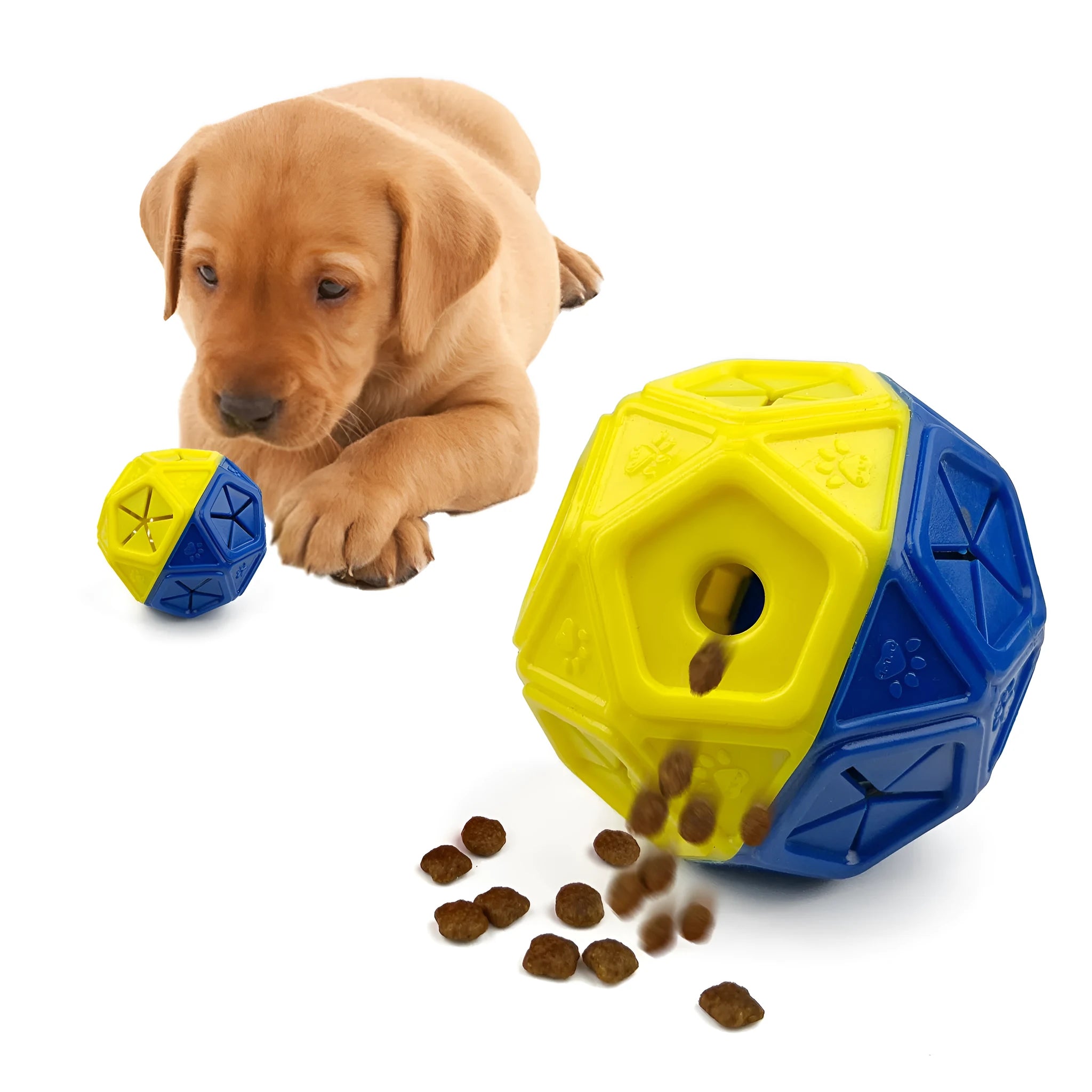 Blue chew-resistant hollow dog puzzle ball with treat openings
