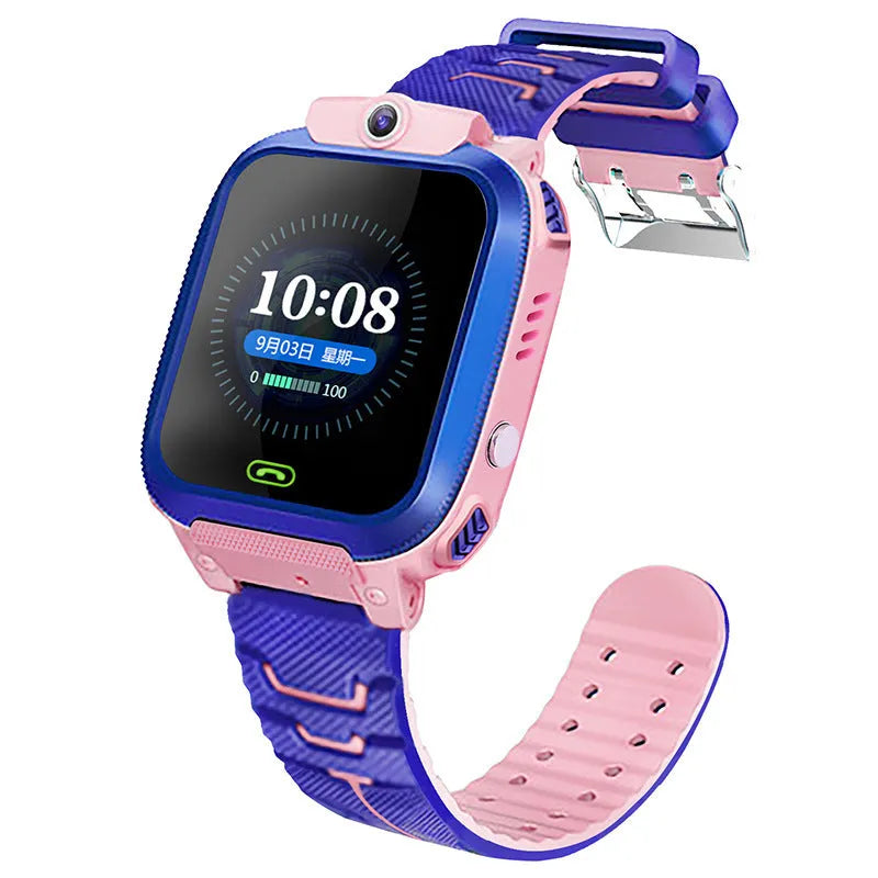 Blue children's GPS smartwatch with a colour touch screen on a silicone strap.