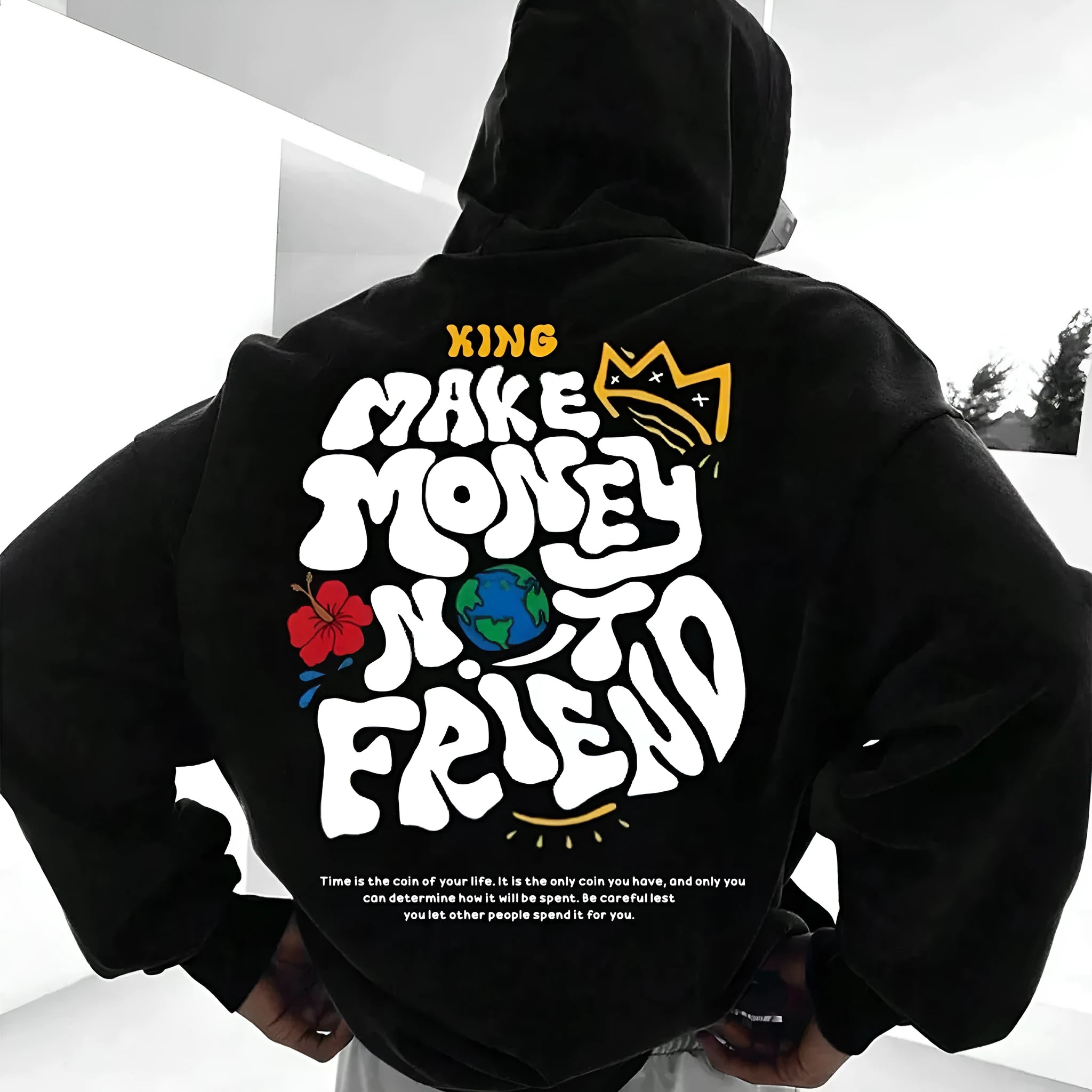 Harajuku hooded sweatshirt in black with printed design, polyester fibre fabric, women's casual top
