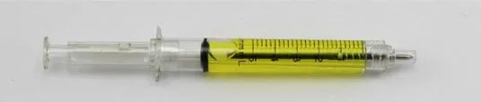 Blue syringe ballpoint pen 12.5cm length on a desk, push-type mechanism visible
