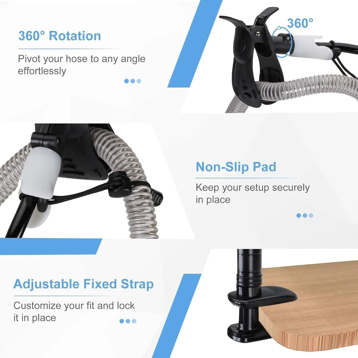 Black and white aluminium alloy ventilator hose bracket for bedside mounting, 95cm long.