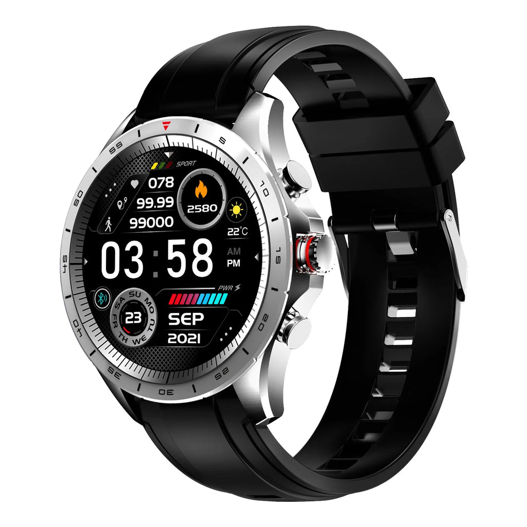 Men's smart bracelet watch with zinc alloy case and black silicone wristband, showing touch screen display.