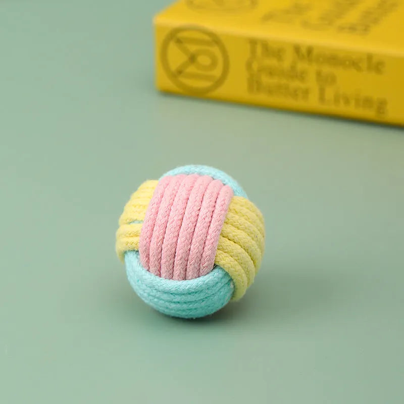 Handmade plush cotton ball cat toy in blue powder, green blue, or pink green colours, 5cm diameter