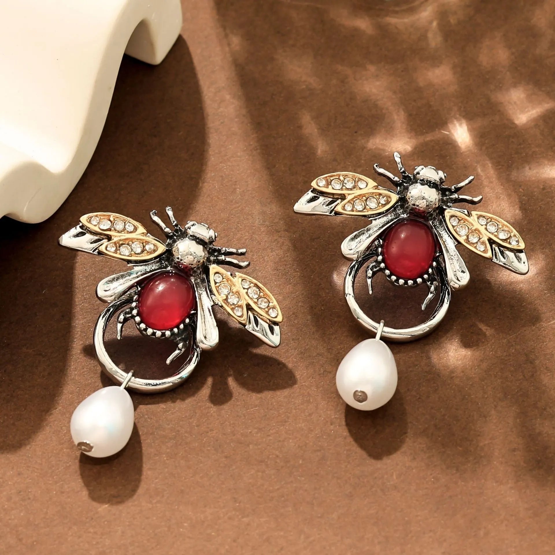 Retro small bee alloy drop earrings for women in gold finish