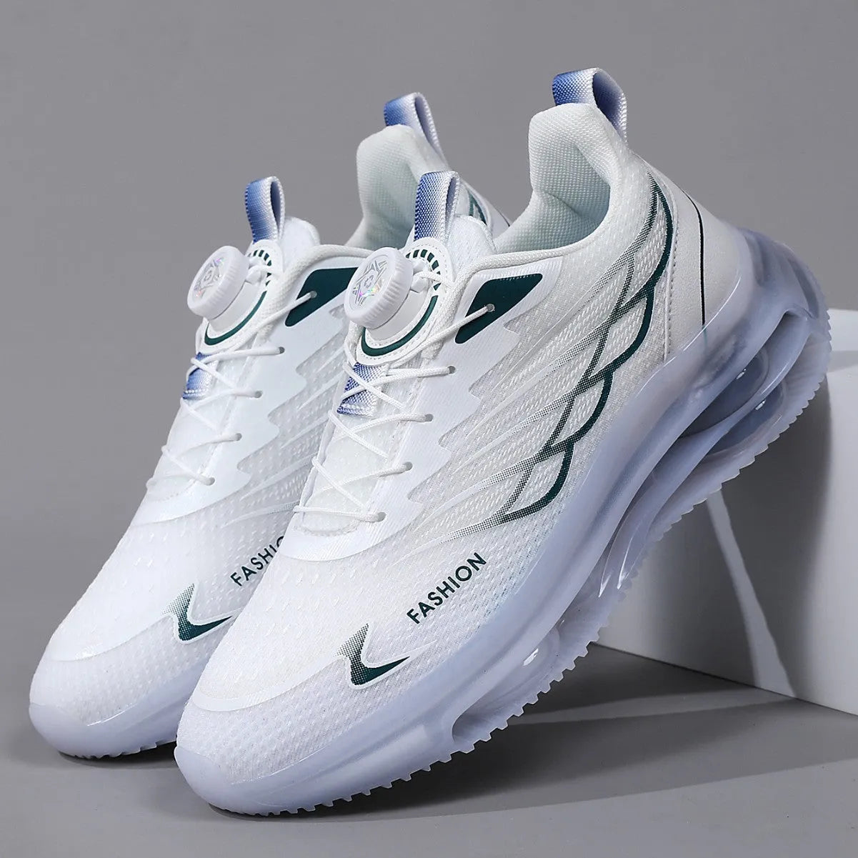 Men's white Korean style mesh casual sneakers with rotating button lace-up and rubber sole.