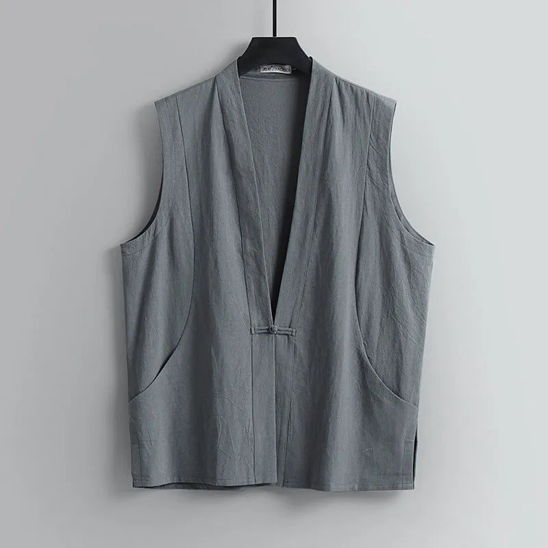 Men's solid colour linen sleeveless vest in a loose fit for summer.